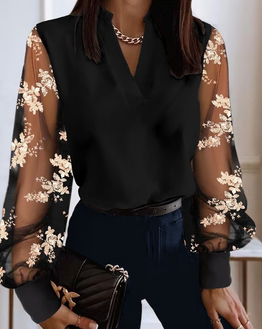 Damen Spitzenhemd Bluse Ösentop weißes Spitzenhemd elegant Farbblock Spitze Patchwork Puffärmel Langarm V-Ausschnitt lässig Denim Blau Schwarz Weiß Khaki Herbst 2025 - $21.99 –P2