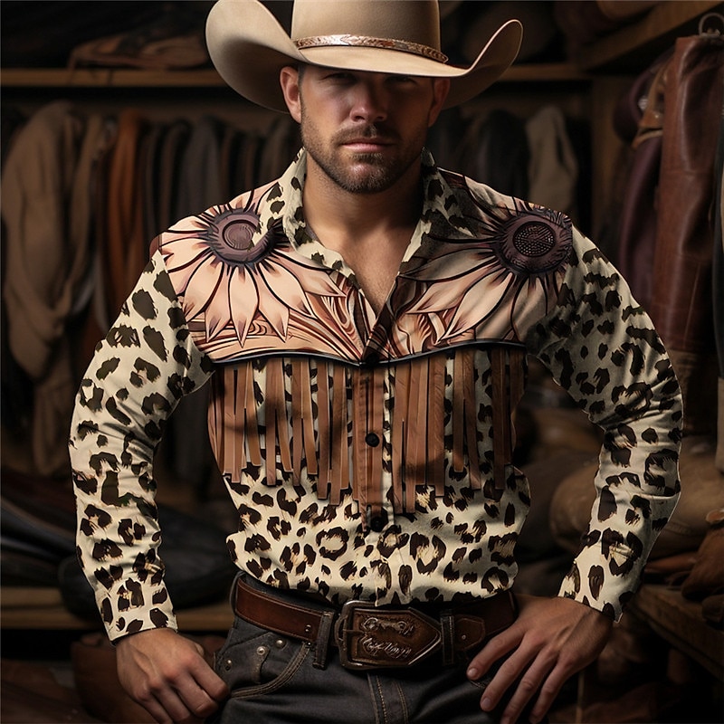 Men's Leopard Shirt Western Shirt Cowboy Shirt Long Sleeve Vintage Western Style Outdoor Street Casual Daily Fall & Winter Turndown Buttons Print Brown Gray 2026 - $28.99 –P1