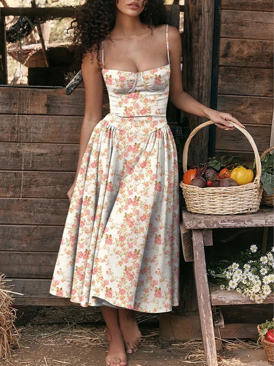 Damen abendkleider Cocktailkleid Kleid für Hochzeitsgäste Rüschen Rückenfrei Spaghetti-Träger Ärmellos Blumen Midikleid kleid hochzeitsgast Cocktailparty Elegant Rote Blau Sommer Frühling 2025 - $29.99 –P2