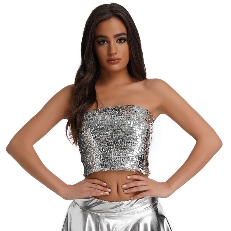 2026年 レトリ／ヴィンテージ 1980年代 メタリック色 チューブトップ ディスコ スパンコール 純色 仮装 女性用 カーニバルコスチューム カーニバル 性能 プロムドレス クラブ 成人 上着  コレクション – $20.99 –P8