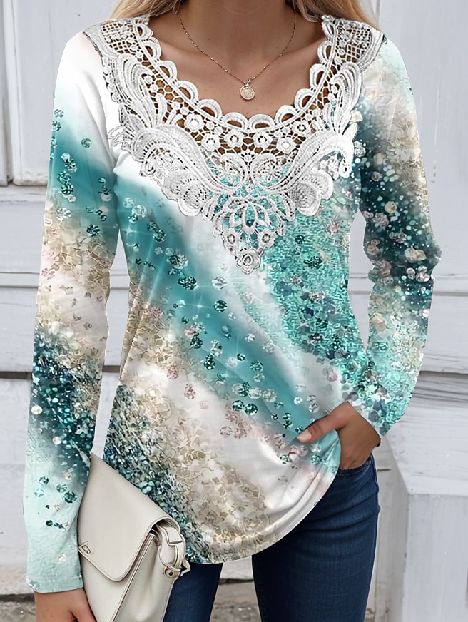 Tunic da donna camicia blusa moda floreale stampa pizzo manica lunga regolare tops a V casual festa nera bianca gialla rosa rossa primavera e autunno del 2025 a $23.99 –P4