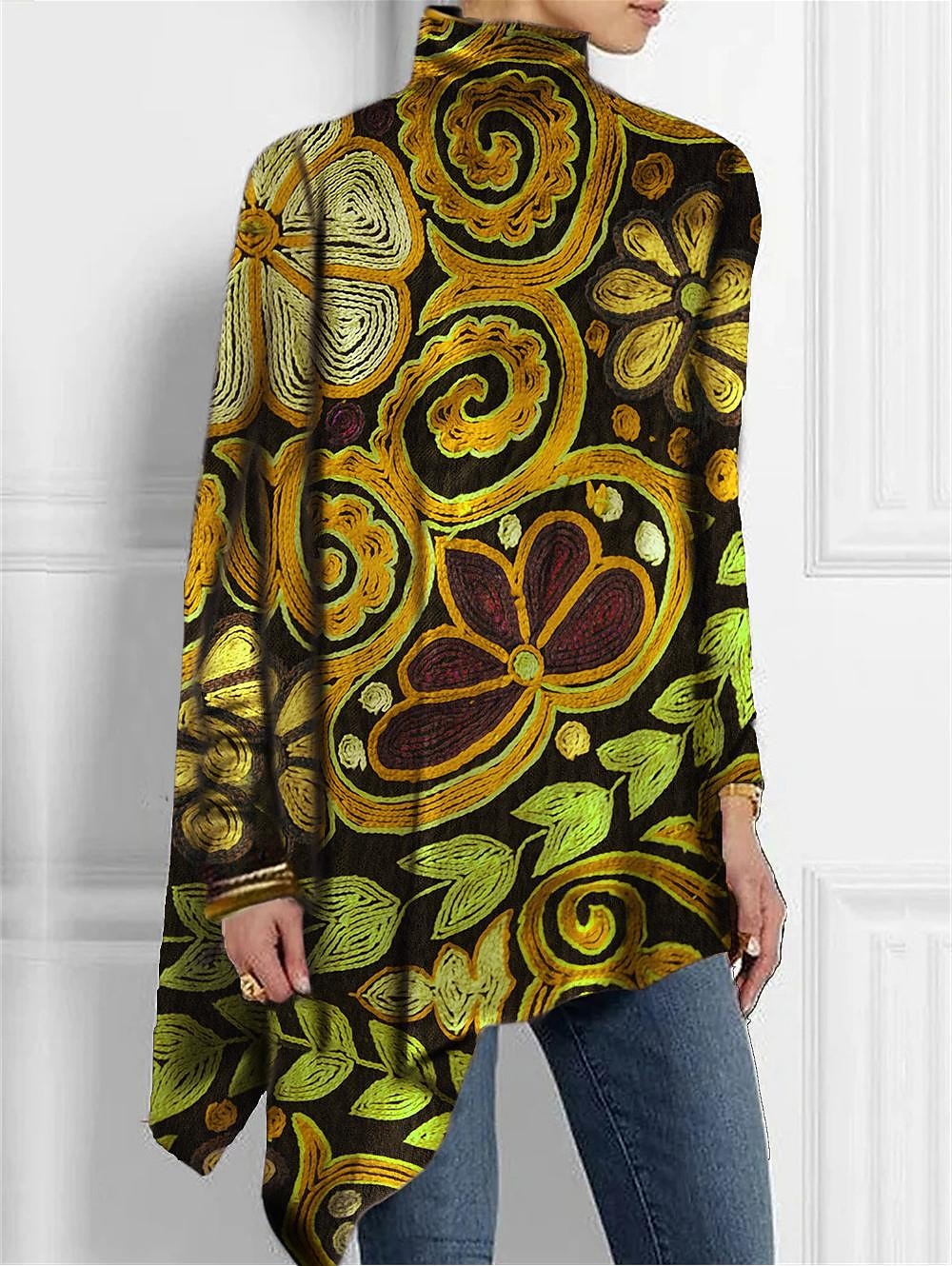 Camiseta de mujer de moda floral impresión dobladillo asimétrico de manga larga largos tops cuello alto casual vacaciones rojo azul verde primavera y otoño 2026 - $25.99 –P6