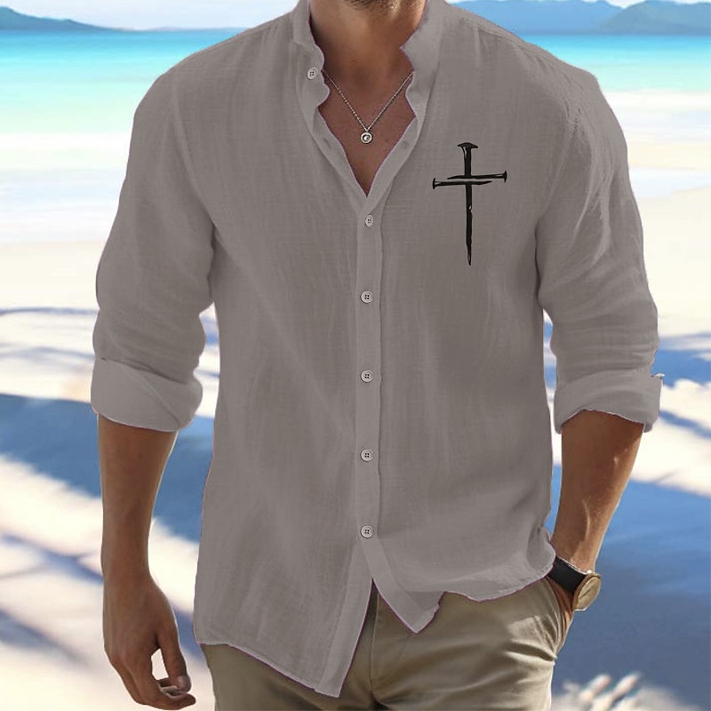 Voor heren Overhemd Strand hemd Overhemd met knopen Geloof Buiten Vakantie Zwart Wit Oranje Licht Grijs Lange mouw Opstaande boord Lente & Herfst Kleding Afdrukken 2025 - $25.99 –P3