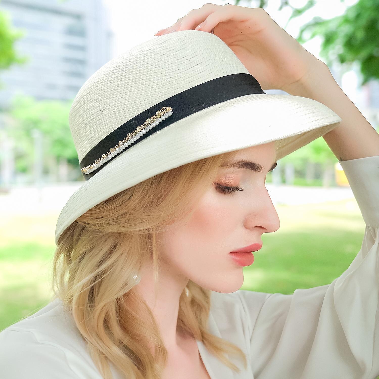 Hüte Eimerhut aus Polyesterfaser Strohhut Sonnenhut Hochzeit lässig elegant Hochzeit mit Bändern Perlen Kopfbedeckung Kopfbedeckung 2025 - $32.99 –P4