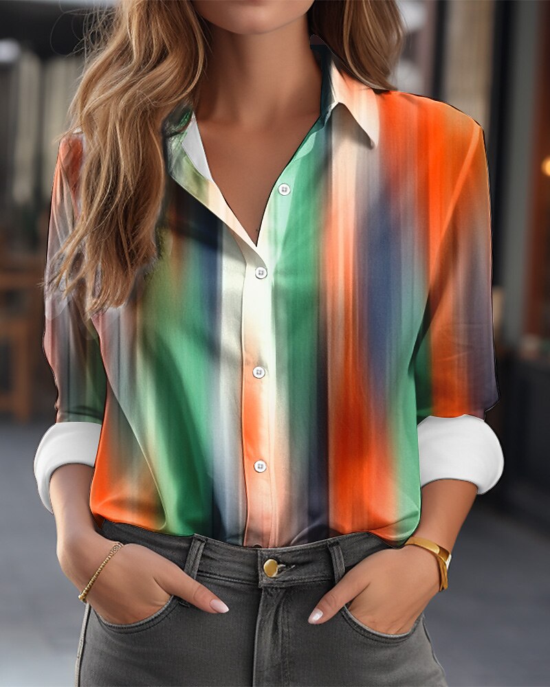 Camicia da donna Moda Color Block Bottoni Stampa Maniche Lunghe Top Regolari Collo Camicia Casual Rossa Blu Reale Blu Verde Primavera  Autunno del 2025 a $23.99 –P1