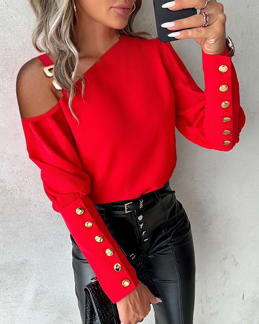 Damen Bluse elegant Patchwork Puffärmel Langarm One Shoulder Casual Schwarz Weiß Rot Blau Herbst& Winter 2025 - $26.99 –P2