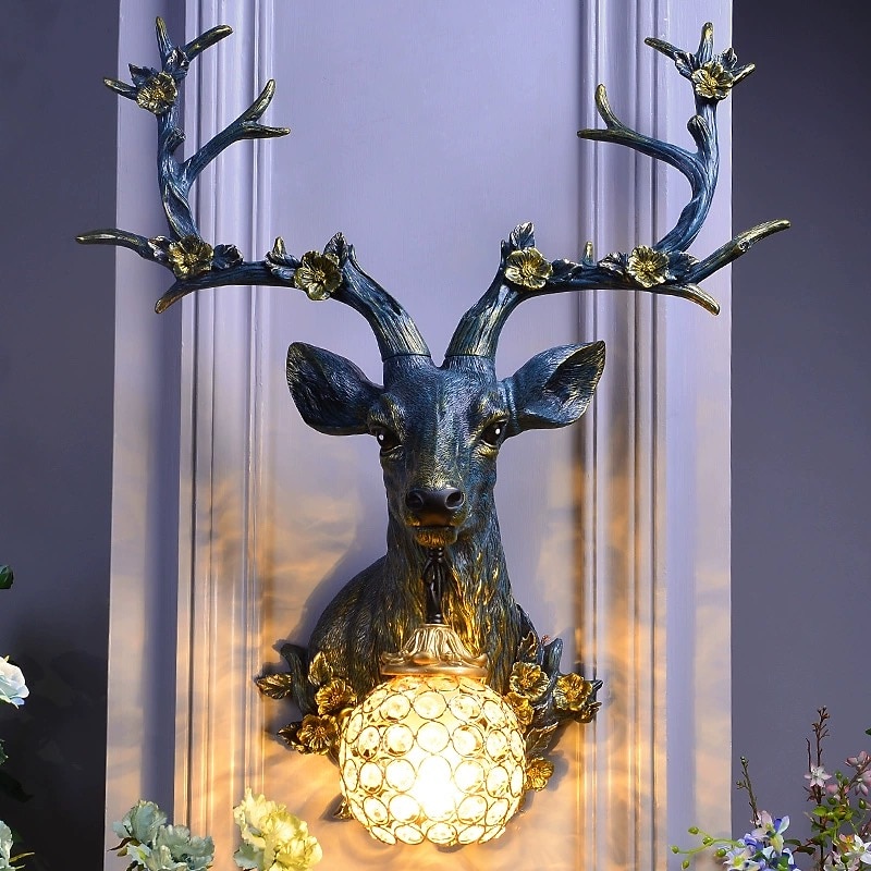 Lucky Deer Head kinkiet kreatywna żywica poroża lampa ścienna do montażu na ścianie lampa z kryształowym abażurem oprawa dekoracyjna do salonu w kolorze białym 2025 - $564.29 –P3