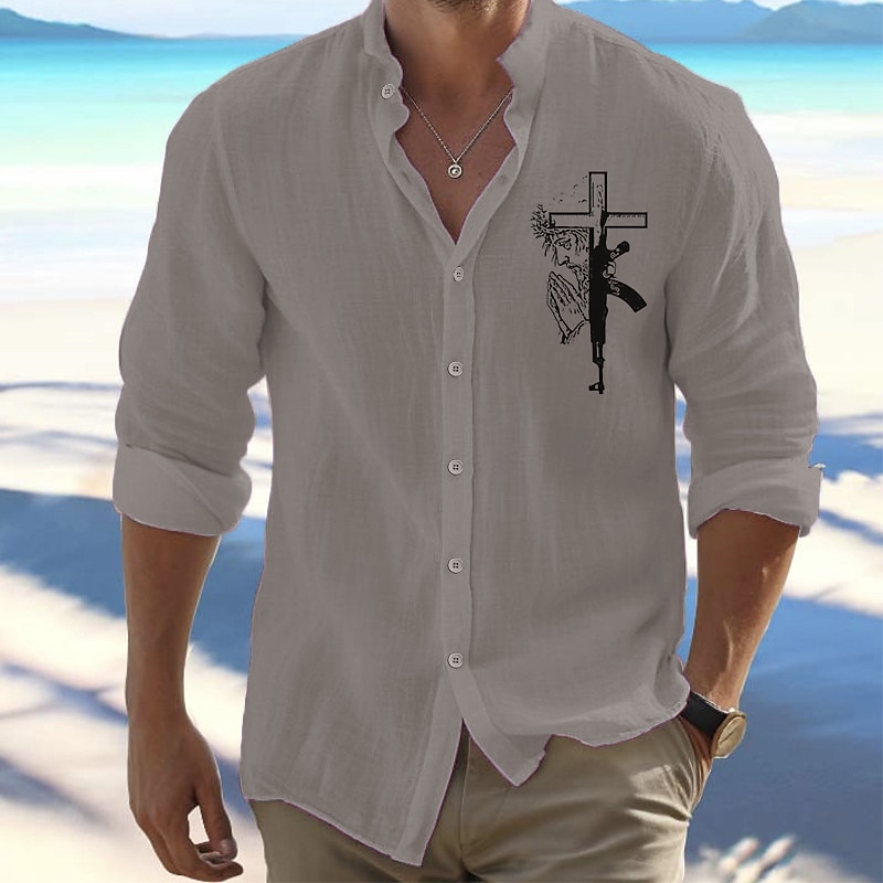 Per uomo Camicia Camicia da Spiaggia Camicia con Bottoni Croce All'aperto Vacanza Nero Bianco Rosa Arancione Manica Lunga Colletto Mao Primavera & Autunno Abbigliamento Stampato del 2026 a $27.99 –P7