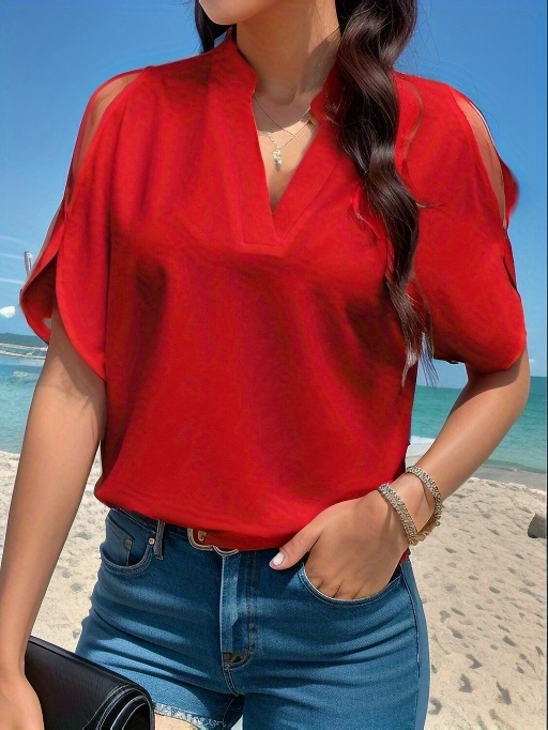 Overhemd Blouse Dames Wit Rood Groen Bloemig Effen Uitknippen Casual Modieus V-hals Normale pasvorm S 2025 - $26.99 –P7