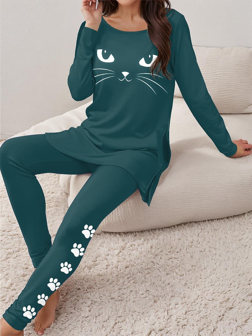 Set di pigiami da donna Pigiama Loungewear Collo rotondo Maniche lunghe Casual Maglietta Set di pantaloni Stampa Sport all'aperto Quotidiano Nero Primavera e Autunno Outfit per casa del 2026 a $34.99 –P4
