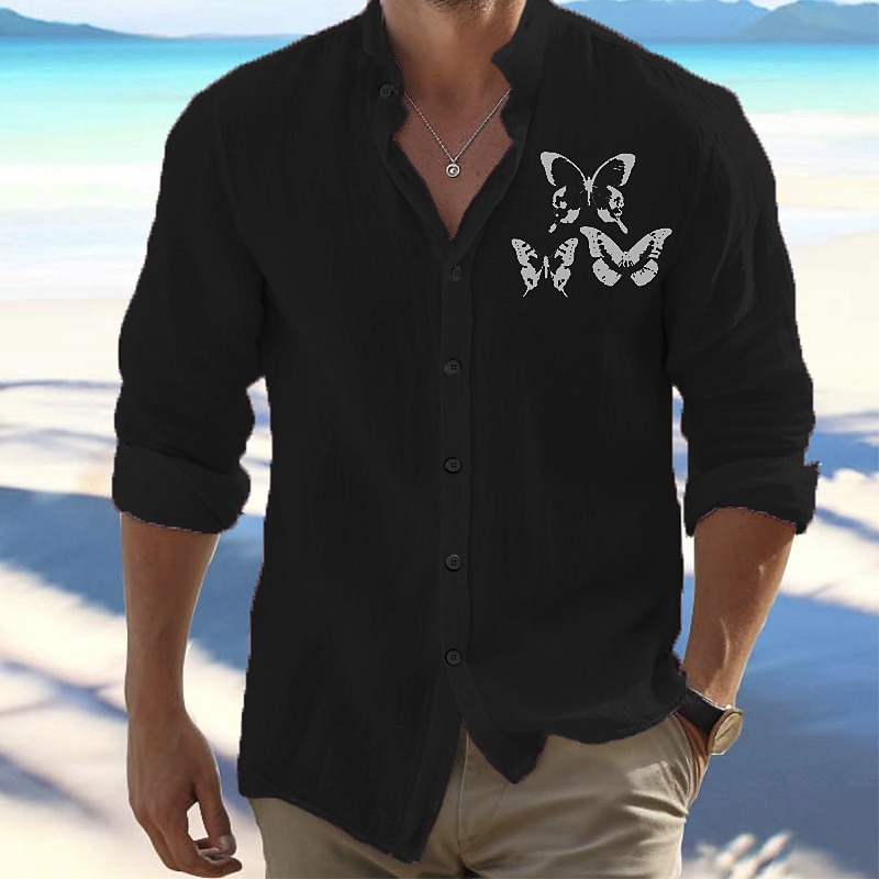 Miesten Paita Rantapaita Button Up paita Perhonen ulko- Loma Musta Valkoinen Punastuvan vaaleanpunainen Oranssi Pitkähihainen Pystykaulus 봄 & Syksy Vaatetus Painettu 2025 - $25.99 –P7
