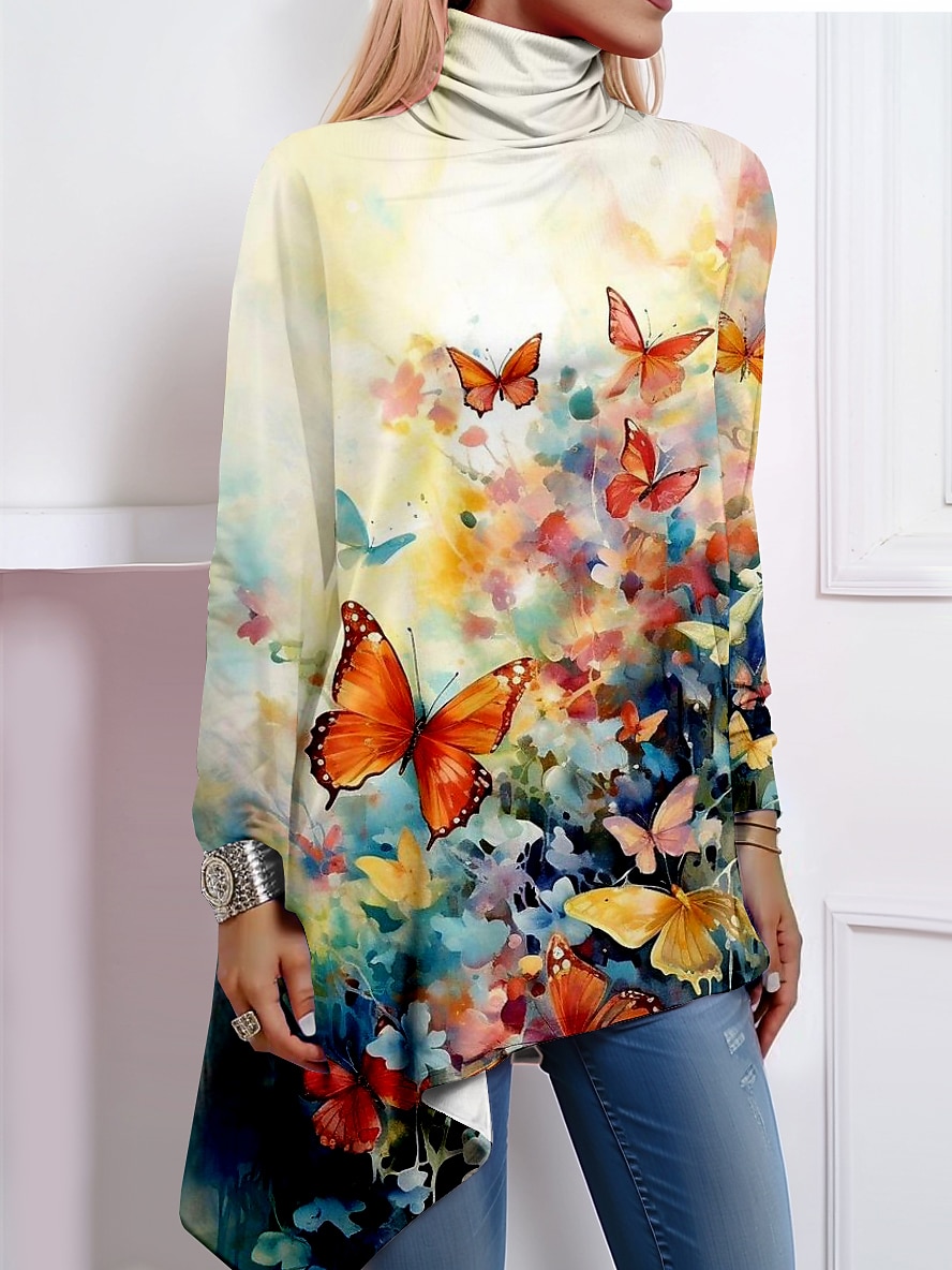Tricou de femei fashion imprimeu cu fluturi fustă asimetrică cu mânecă lungă tops lungi guler înalt casual galben roz albastru primăvară și toamnă 2025 - $23.99 –P1