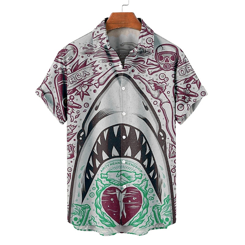 Herre Hai Tropisk Skjorte Hawaii skjorte Aloha skjorte Kortermet Skjorte Aftæpning Fritid utendørs Gate Fritid / hverdag Rosa Rød Blå S M L 2025 - $24.99 –P4