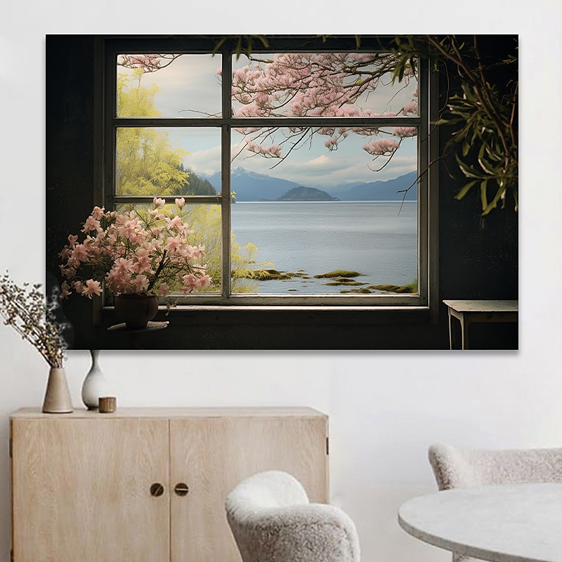 Paisaje pared arte lienzo ventana falsa primavera flores de cerezo impresiones y carteles fotos tela decorativa pintura para sala de estar fotos sin marco 2025 - $17.49 –P8