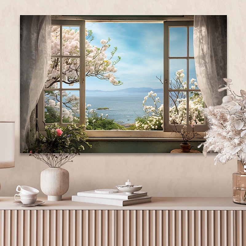 Paisaje pared arte lienzo ventana falsa primavera flores de cerezo impresiones y carteles fotos tela decorativa pintura para sala de estar fotos sin marco 2025 - $17.49 –P1