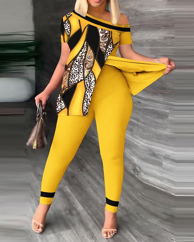 Femme Mode Chemise Ensembles de pantalons Pantalon Manche Courte Une Epaule Léopard Imprimer Casual Quotidien Jaune Rouge Bleu Printemps été Standard de 2025 ? $32.99 –P10