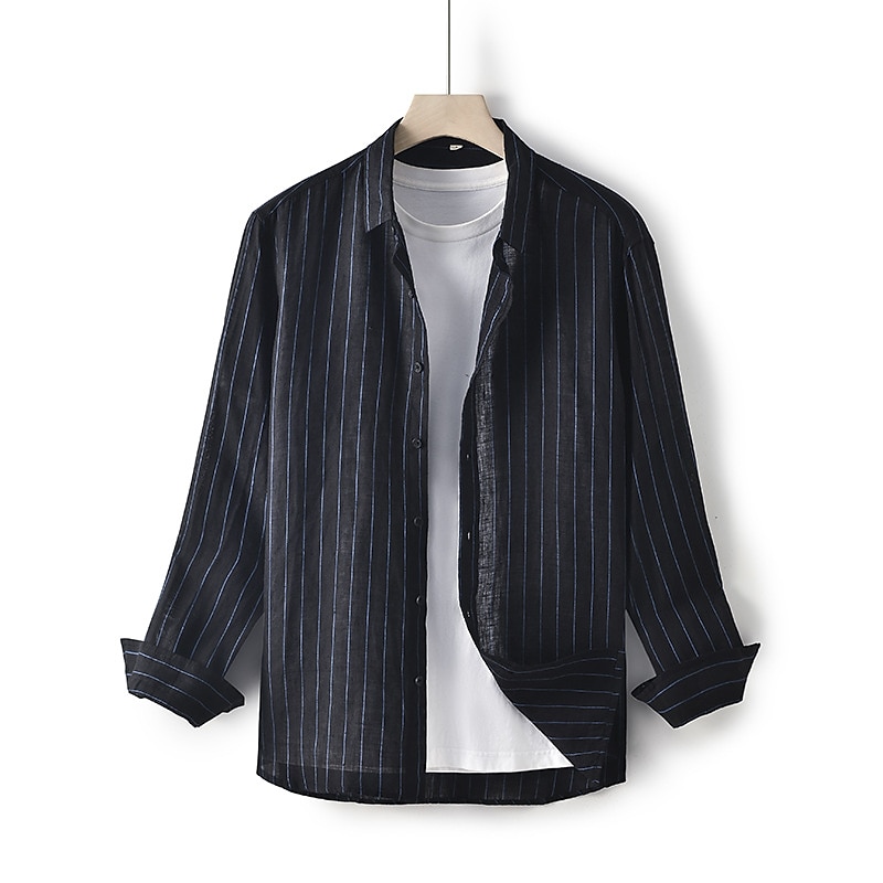 100% Linen Men's Shirt Linen Shirt Button Up Shirt Black Navy Blue Long Sleeve Stripes Lapel Spring &  Fall Outdoor Daily Clothing Apparel 2025 - $28.99 –P12