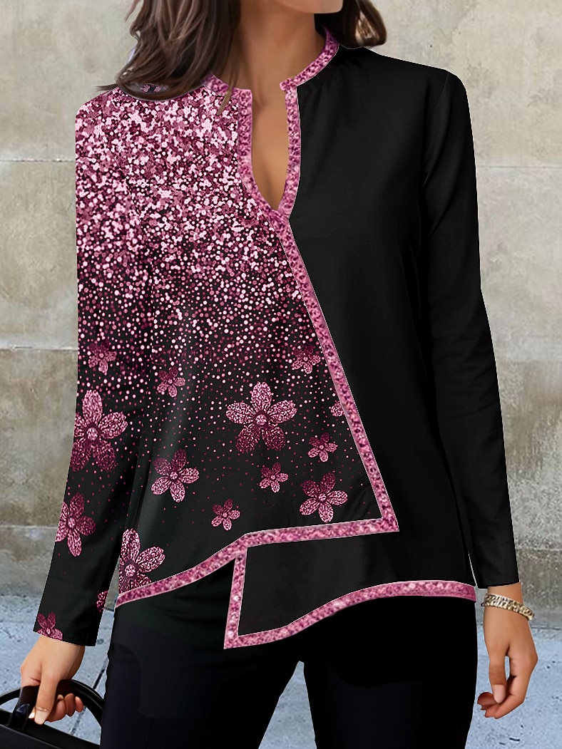 Blusa da Donna Moda Stampa Floreale Orlo Asimmetrico Manica Lunga Regular Collo a V Casual Vacanza Nera Argento Rosa Blu Verde Autunno e Inverno del 2025 a $26.99 –P3