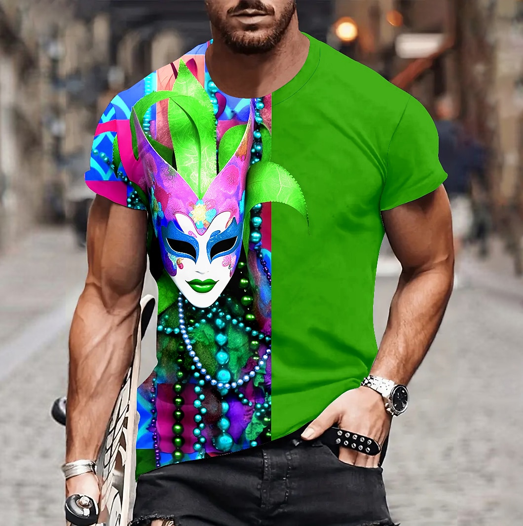 Men's Graphic Feathers Mask Mardi Gras Short Sleeve T shirt 3D Print Crew Neck Shirt Fashion Artistic Abstract Party Casual Holiday Purple Gold Green Summer Clothing Apparel Normal S M L XL XXL XXXL 2026 - $19.49 –P6