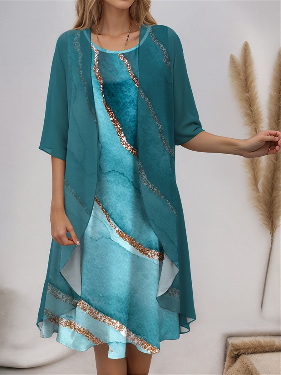Robe de graduation pour femmes Robe Midi Ensemble de deux pièces Robe décontractée Robe en chiffon Robe imprimée Mode Imprimé floral moderne À manches mi-longues Col rond Extérieur Vacances Bleu de 2025 ? $41.99 –P3