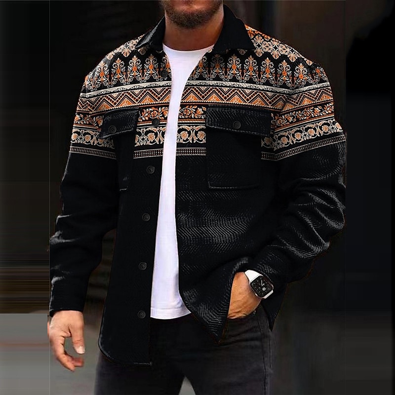 Men's Tribal Geometry Bandana Print Shirt Shirt Jacket Long Sleeve Vintage Casual Tribal Outdoor Street Casual Daily Fall & Winter Turndown Buttons Pocket Print Black Blue Brown 2025 - $39.99 –P3