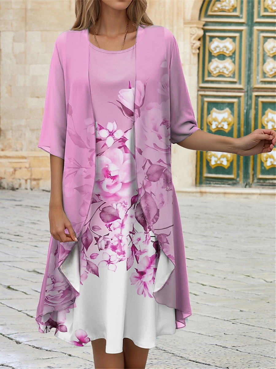 Robe de graduation pour femmes Robe midi Robe d'invitée Cocktail Robe en chiffon Décontractée Élégante Ensemble de deux pièces Printemps Col rond À manches courtes Imprimé floral Ajustement ample de 2025 ? $41.99 –P2