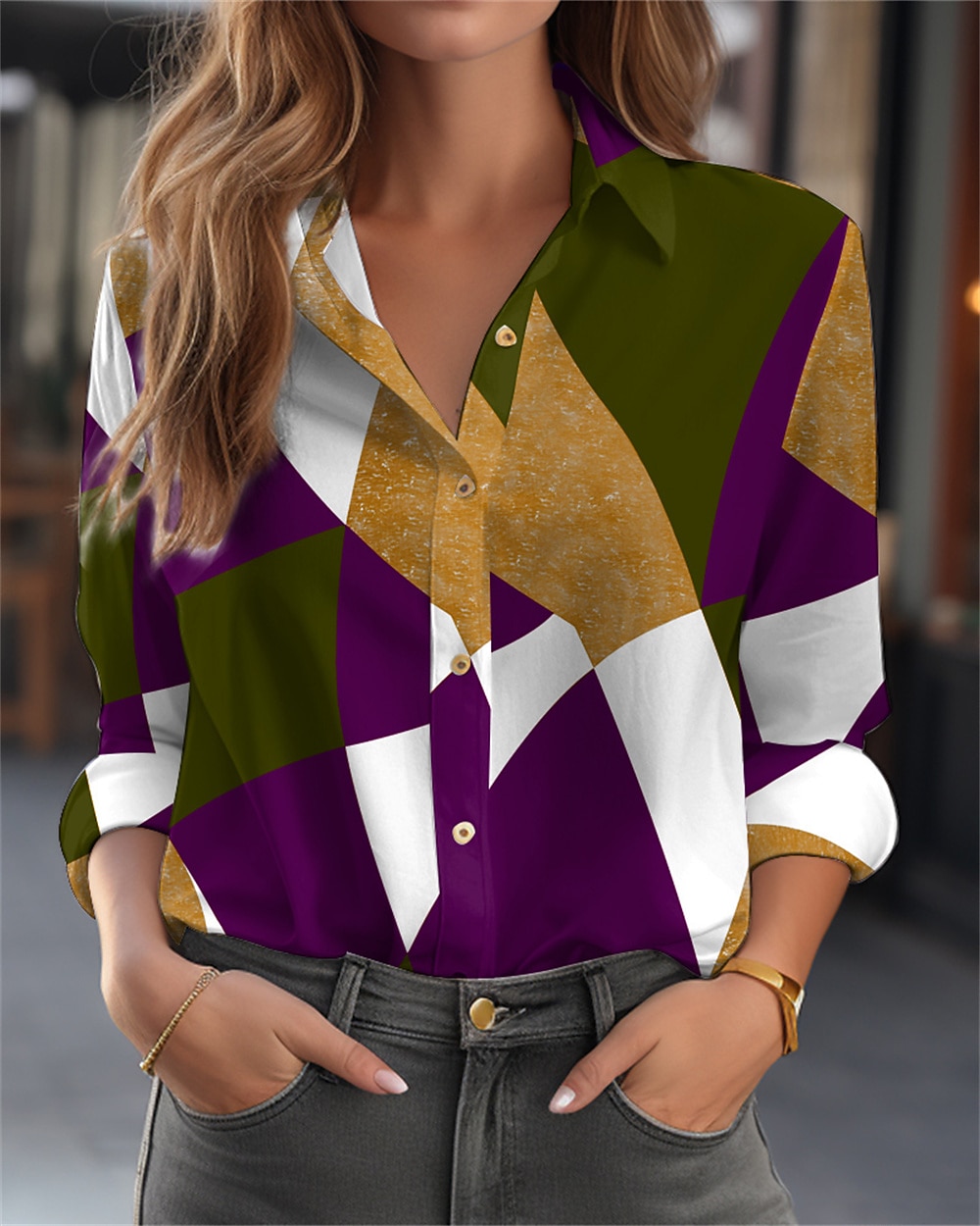 Camicia da donna a maniche lunghe blouse con bottoni moda geometrica stampa bottoni top regolari colletto camicia casual rosso blu viola verde primavera e autunno del 2025 a $26.99 –P3