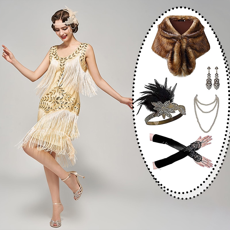 sett med midi flapper kjole fjær pannebånd fuskepels sjal halskjede øredobber lange operahansker kvinners brølende 20-tallet 1920-talls antrekk flapper jente cocktail maskeradefest karneval 2025 - $74.99 –P7
