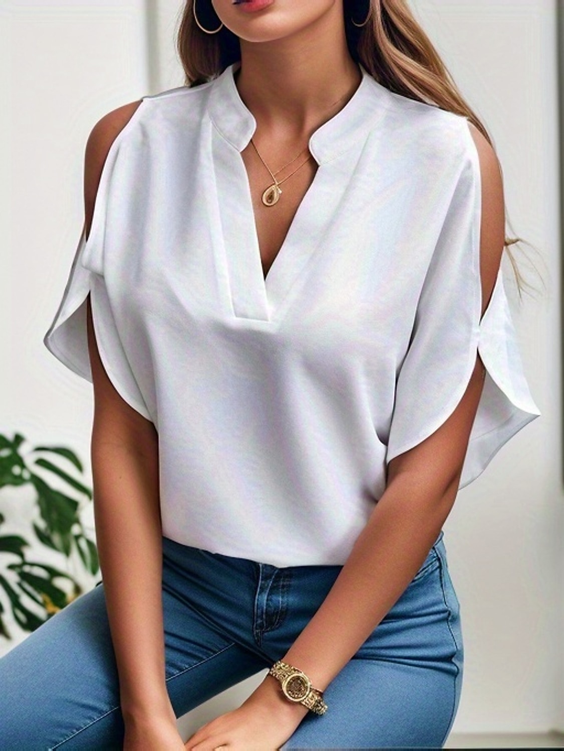 Overhemd Blouse Dames Wit Rood Groen Bloemig Effen Uitknippen Casual Modieus V-hals Normale pasvorm S 2025 - $26.99 –P4