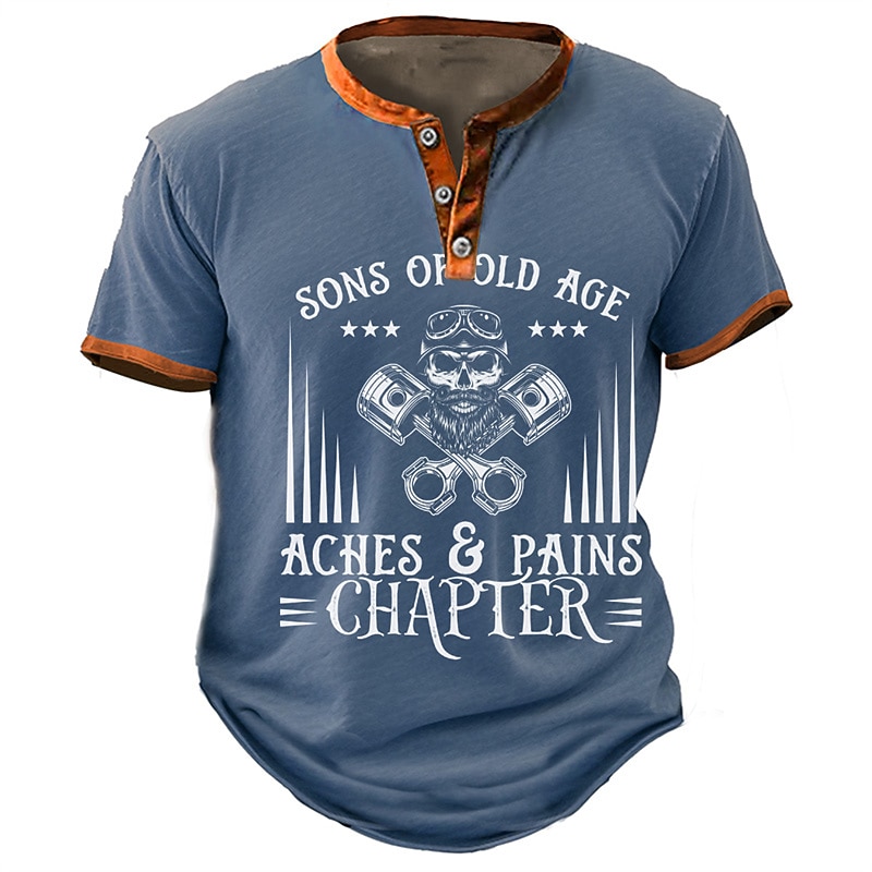 Mens Henley Graphic T-Shirt Short Sleeve | Funny Old Age Aches & Pains Chapter Biker Skull 2026 - $22.99 –P1