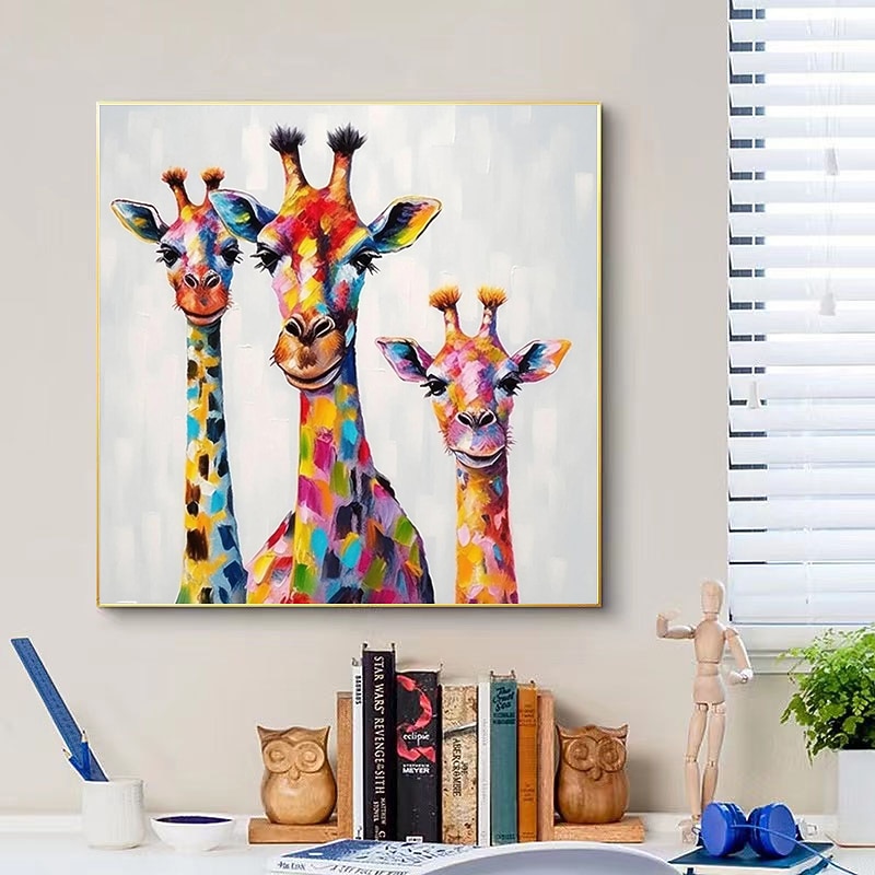színes zsiráf család festmény vászonra kézzel festett nagy állat falfestmény otthoni dekorációhoz állati alkotás díszes zsiráf fali dekoráció feszített keret felakasztható 2026 - $107.99 –P4