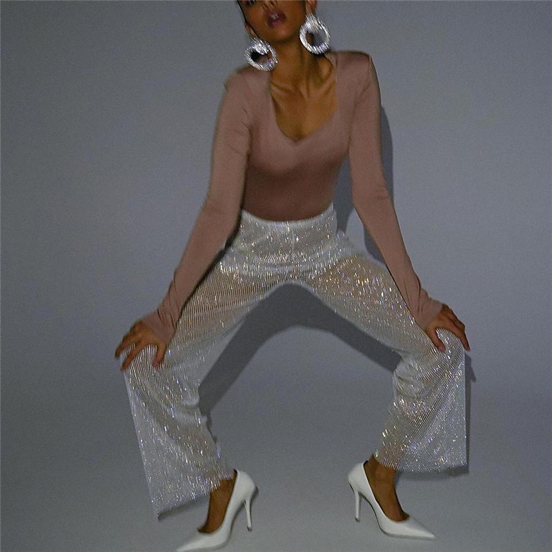Metallic Sparkle Pants Sheer Mesh Rhinestone Cover Up Disco Solid Color Women's Party Club Pride Parade Adults' Pants 2025 - $86.99 –P4