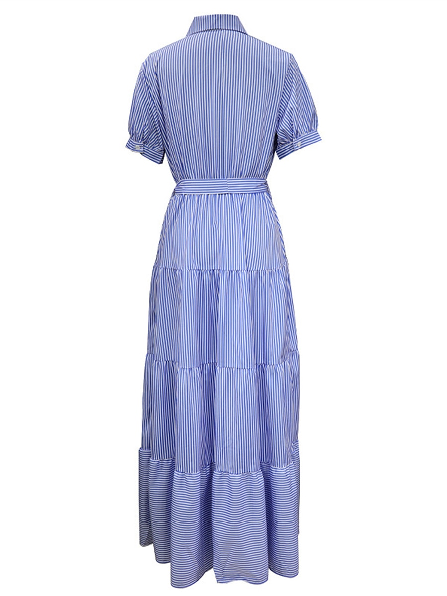 robe chemise femme robe décontractée rayure lacets volants col chemise robe longue robe maxi vacances manches courtes été printemps de 2025 ? $51.99 –P10