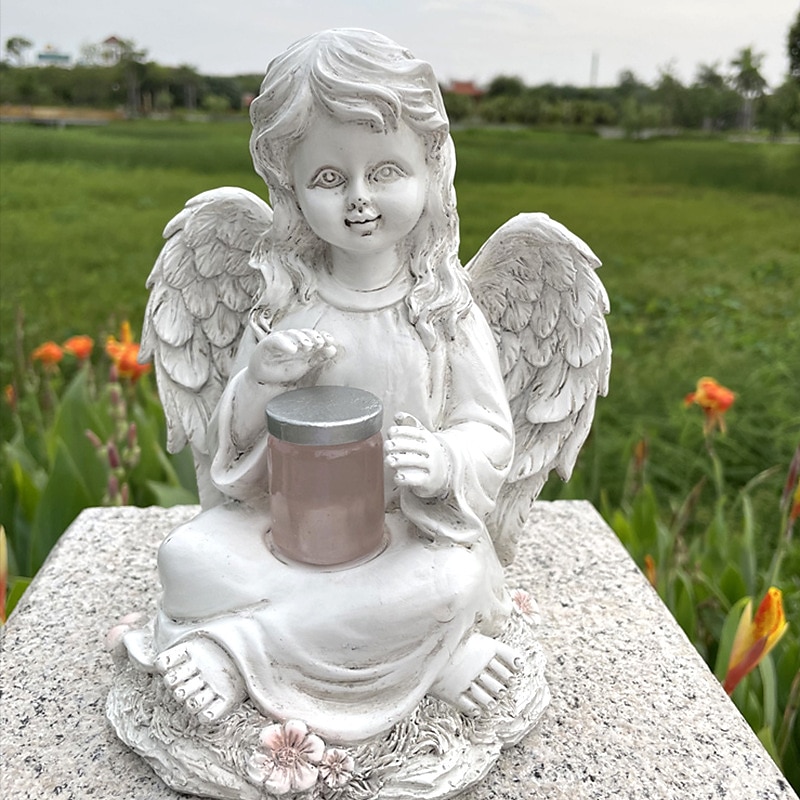 hageengel staty, engle fe statuett med solenergi lys, hage harpiks engel figurer ornament engle dekorasjon for plen kirkegård minnegaver, skytsengel hage statuette-jente 2025 - $37.99 –P2