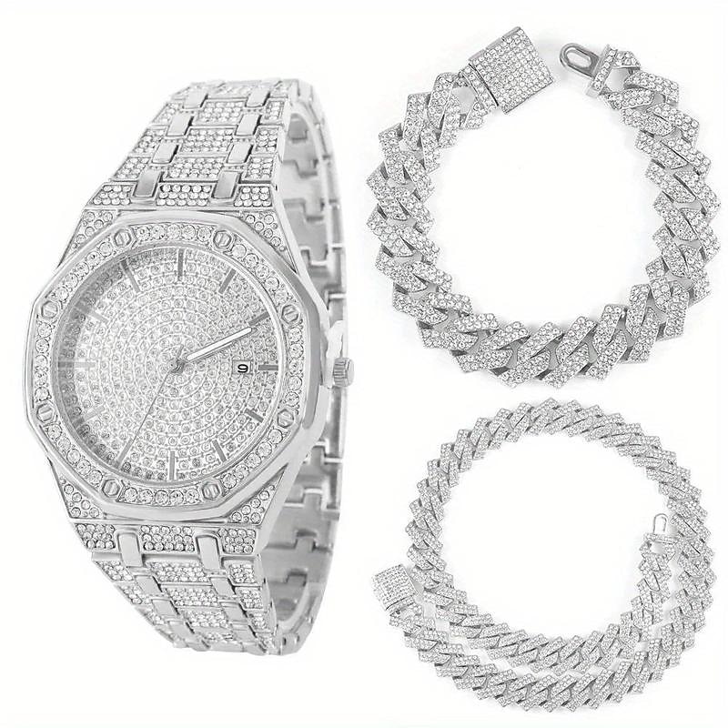3pcs/set HipHop Mens Rhinestone Watch & Necklace & Bracelet Set, Christmas Gift 2025 - $38.99 –P6