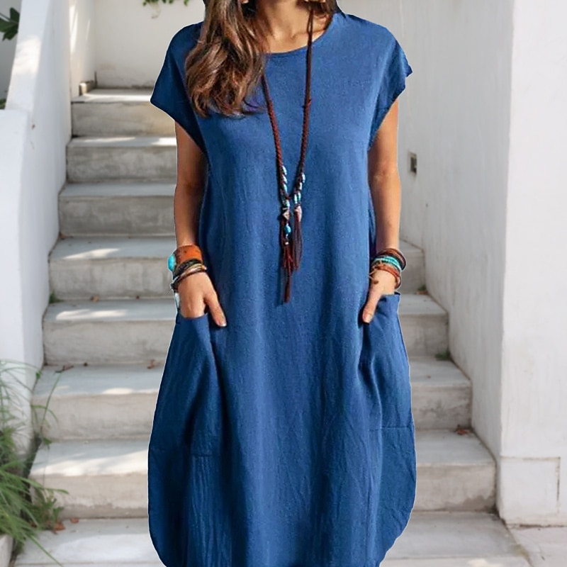 Femmes Noir Blanche bleu marine Été Printemps Robe Midi Robes inspirées du lin Robe Décontractée Robe fourreau Classique Occasionnel Extérieur Vacances Quotidien Coupe régulière Couleur Unie Col ras de 2025 ? $32.99 –P1