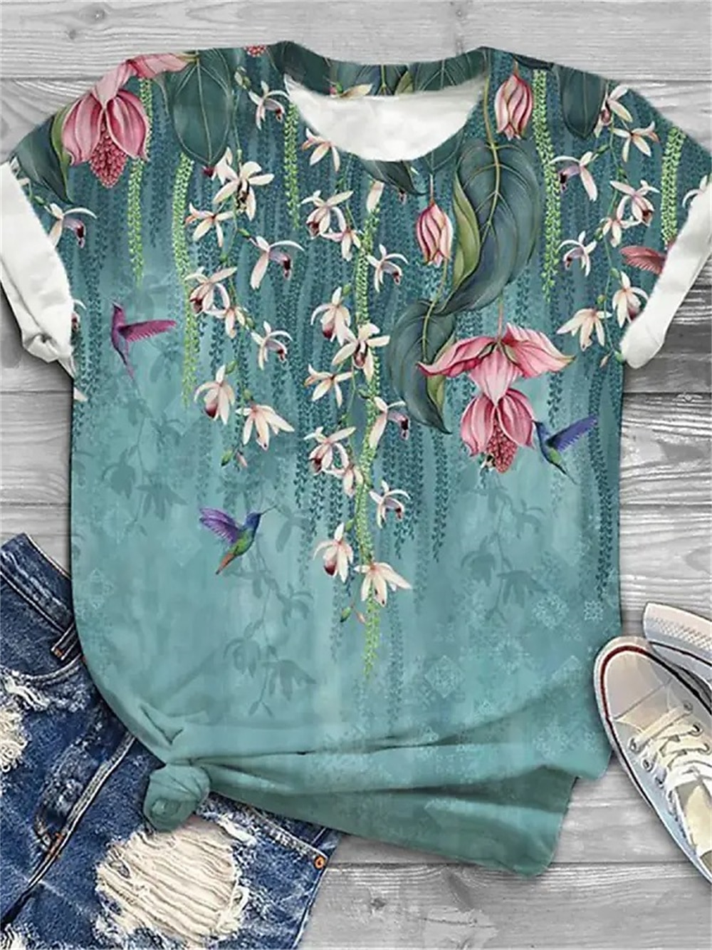 kvinners t-skjorte mote blomsterprint kortermede vanlige topper rund hals ferie helg gul rosa blå lilla grønn vår & sommer 2025 - $19.99 –P3