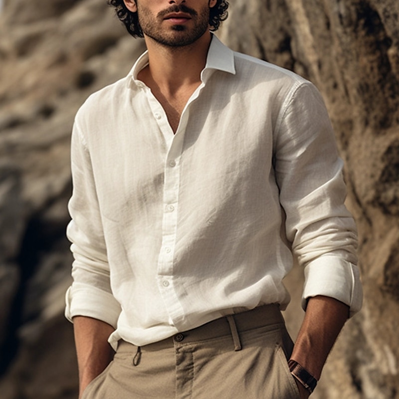 Men's Shirt Linen Shirt Summer Shirt Beach Wear Button Up Shirt Plain Vacation Curise Beige Long Sleeve Lapel Spring &  Fall Clothing Apparel 2025 - $22.99 –P1