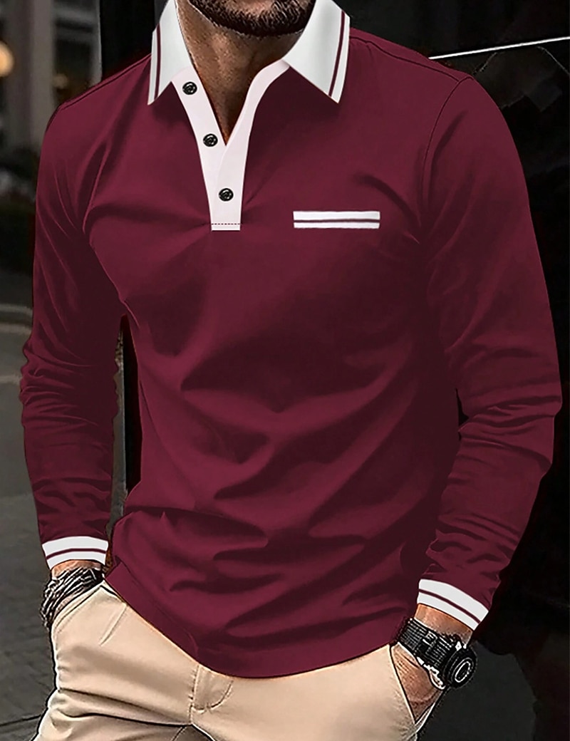Herren Poloshirt Polos mit Knöpfen Casual Sport Kargen Langarm Modisch Basic Farbblock Taste Tasche Frühling & Herbst Regular Fit Marineblau Wein Dunkelgrau Hellgrau Poloshirt 2025 - $20.99 –P1
