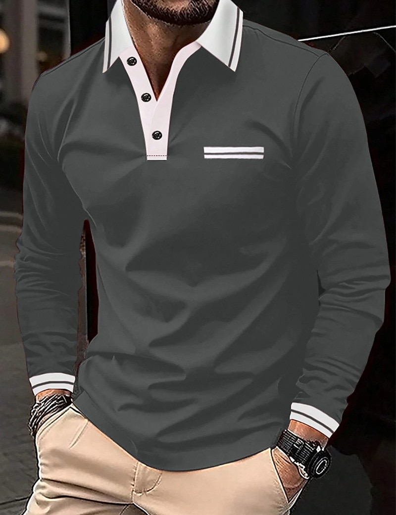 Herren Poloshirt Polos mit Knöpfen Casual Sport Kargen Langarm Modisch Basic Farbblock Taste Tasche Frühling & Herbst Regular Fit Marineblau Wein Dunkelgrau Hellgrau Poloshirt 2025 - $20.99 –P4