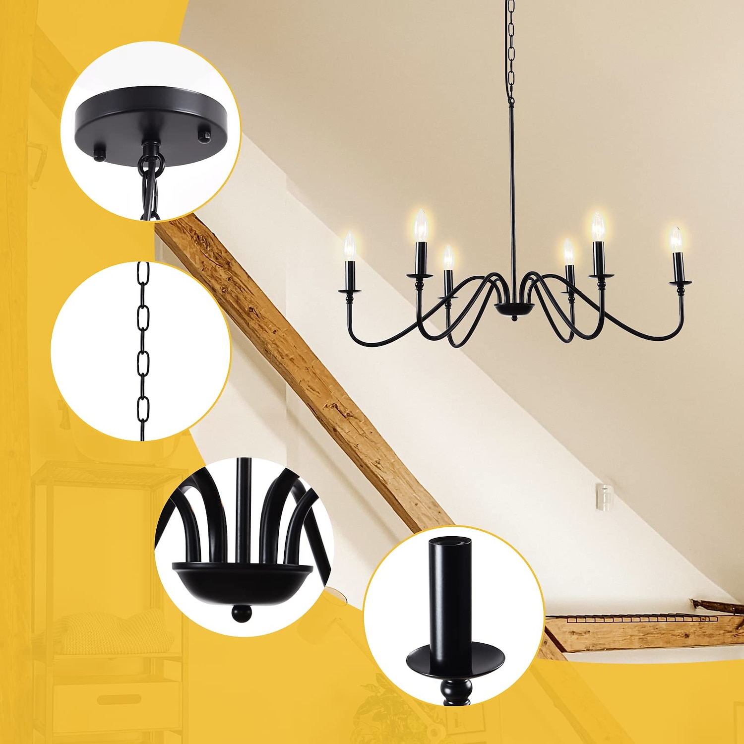 Lámpara colgante led de 88 cm 6 luces estilo vela hierro industrial para comedor, salón, cocina negro moderno tradicional/clásico 220-240v 2025 - $133.99 –P3