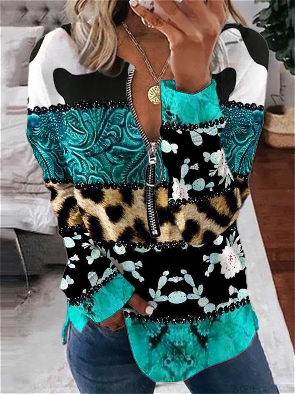 kvinners valentine hjerte sweatshirt genser leopard fritidssport rund hals print kvart glidelås lange ermer svart hvit gul oransje grønn høst &amp; vinter 2025 - $33.99 –P3