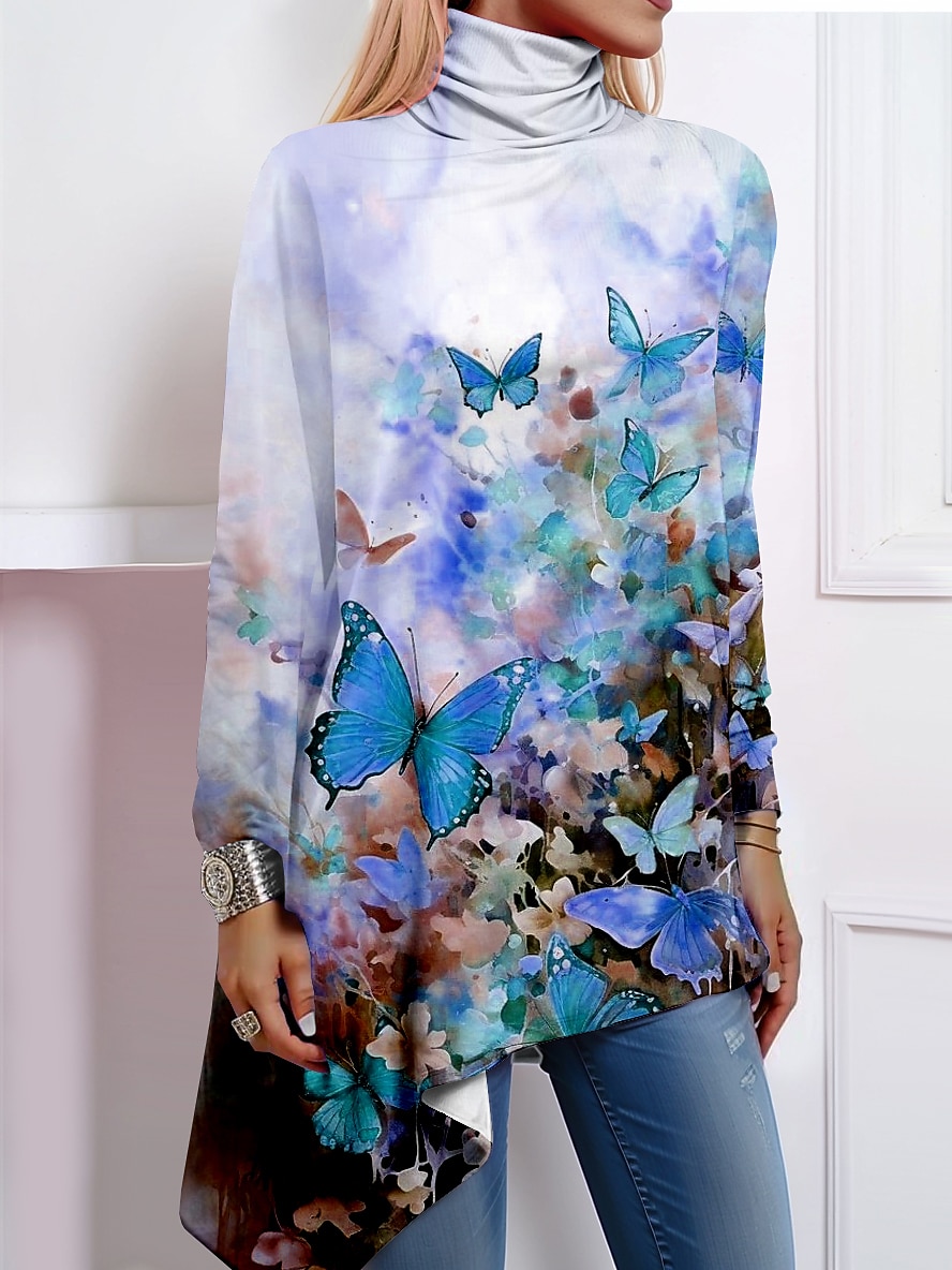 Tricou de femei fashion imprimeu cu fluturi fustă asimetrică cu mânecă lungă tops lungi guler înalt casual galben roz albastru primăvară și toamnă 2025 - $23.99 –P2
