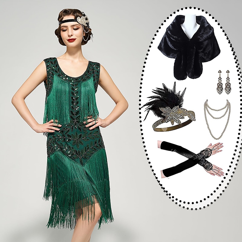 sett med midi flapper kjole fjær pannebånd fuskepels sjal halskjede øredobber lange operahansker kvinners brølende 20-tallet 1920-talls antrekk flapper jente cocktail maskeradefest karneval 2025 - $74.99 –P12