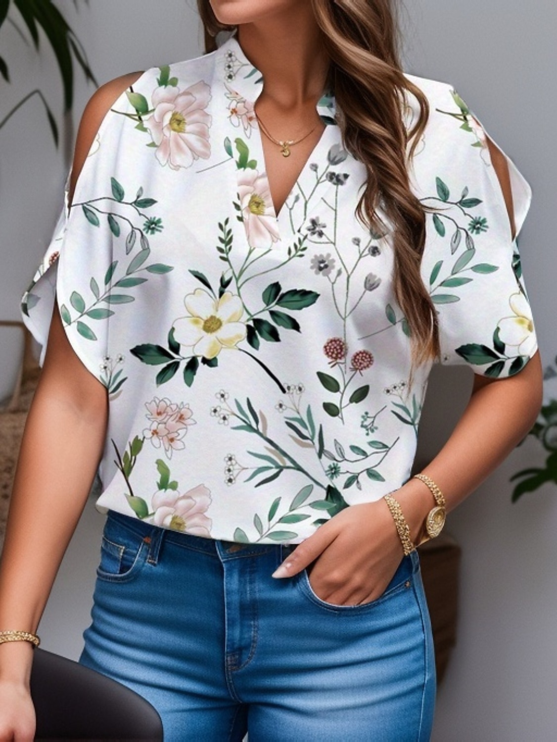 Overhemd Blouse Dames Wit Rood Groen Bloemig Effen Uitknippen Casual Modieus V-hals Normale pasvorm S 2025 - $26.99 –P12