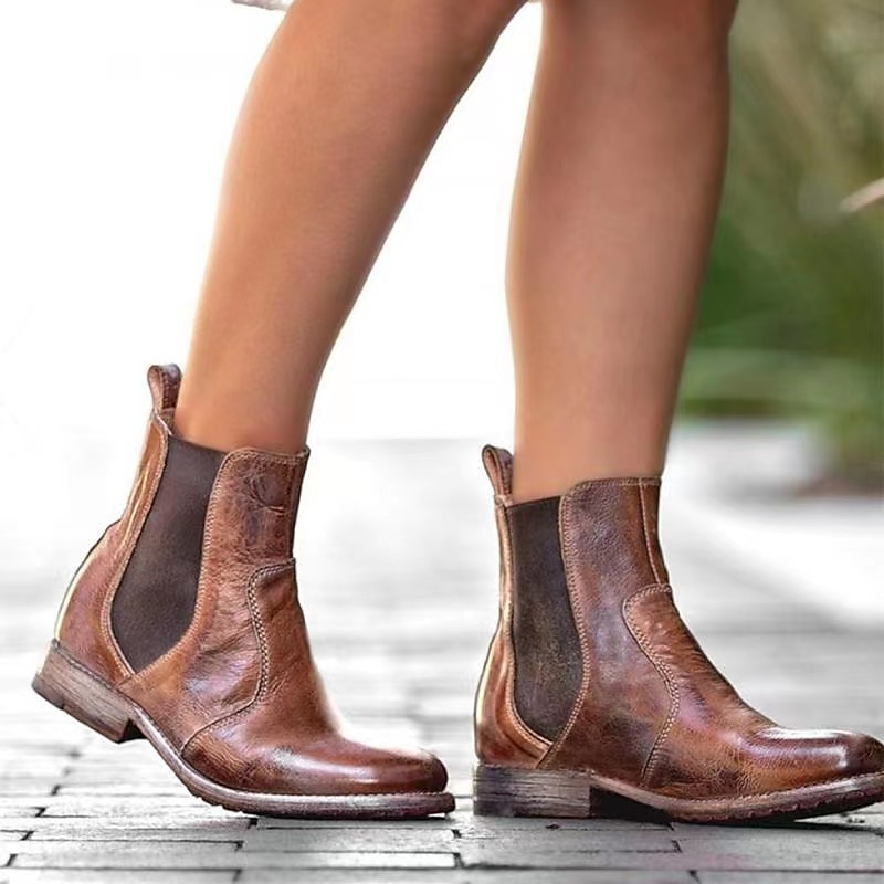 dámské vintage hnědé kotníkové boty z umělé kůže chelsea s elastickými bočními panely – ležérní slip-on styl pro podzimní a zimní outfity 2025 - $64.99 –P2