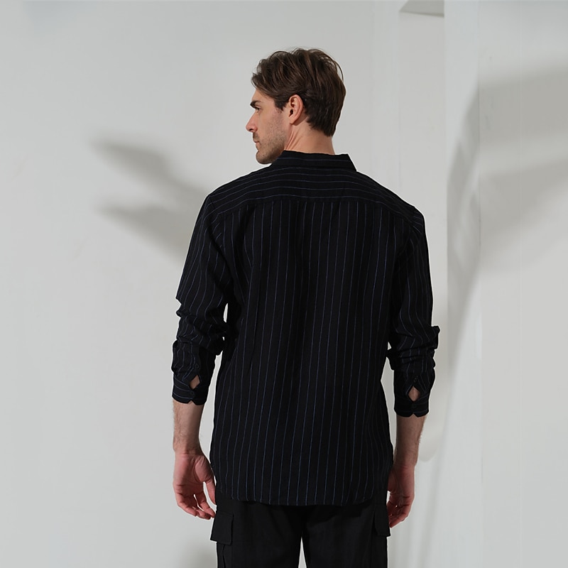 100% Linen Men's Shirt Linen Shirt Button Up Shirt Black Navy Blue Long Sleeve Stripes Lapel Spring &  Fall Outdoor Daily Clothing Apparel 2025 - $28.99 –P10