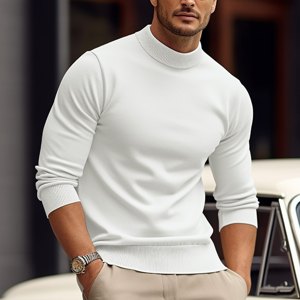 Men's Pullover Sweater Jumper Knit Sweater Ribbed Knit Knitted Plain Mock Neck Basic Keep Warm Daily Wear Vacation Clothing Apparel Fall & Winter Black White S M L 2025 - $28.99 –P10