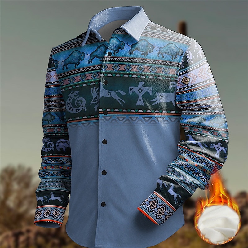 Homme Ethnique Chemise Chemise Western Chemise de cow-boy manche longue Rétro Vintage Tribal Vacances Usage quotidien Sortie Automne hiver Col rabattu Imprimer Bouton bas Toison Bleu Marron Gris de 2025 ? $37.99 –P5