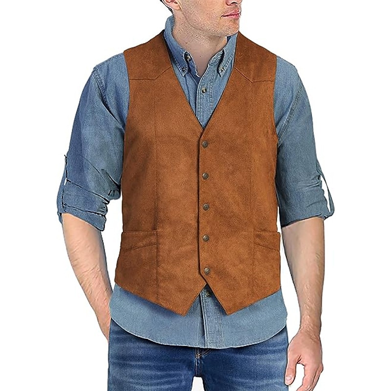 Homme Gilet en daim Usage quotidien Vacances Sortie Style vintage Chic et moderne Printemps & Automne Bouton Polyester Confortable Plein Boutonnage Simple Col V Standard Noir Marron Café Gris Gilet de 2025 ? $39.99 –P2